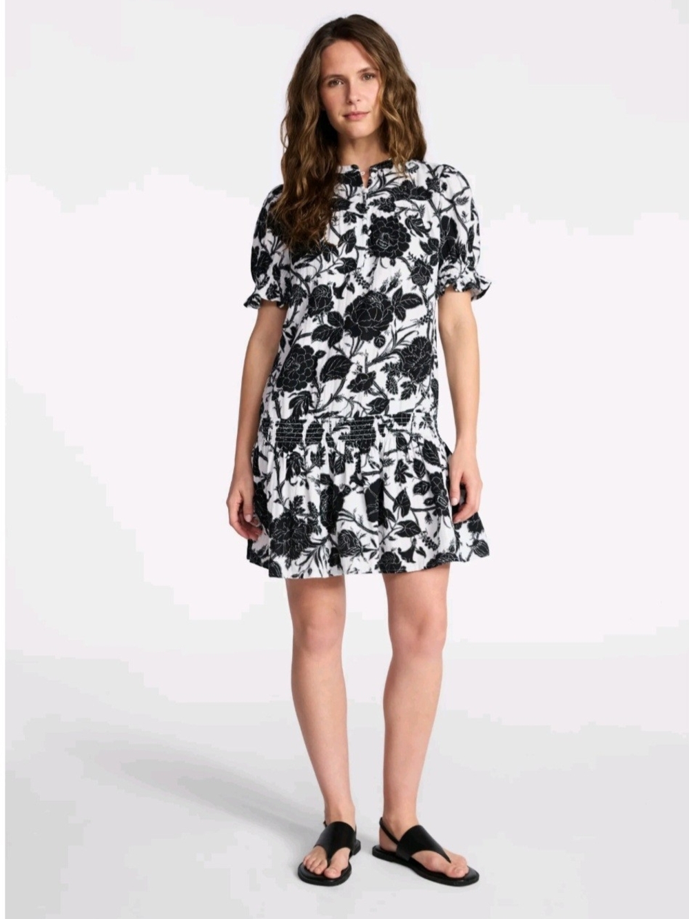 Time and Tru Black and White Floral Ruffle Hem Mini Dress